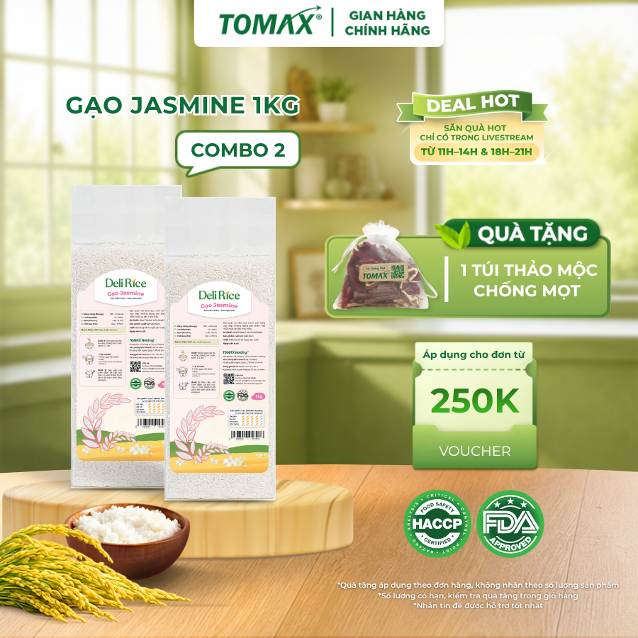 [ĐÃ VỀ HÀNG] Combo 2 Túi Gạo Jasmine Deli Rice 1kg Dẻo Mềm, Tơi Xốp, Ngọt Thơm Tự Nhiên - TOMAX