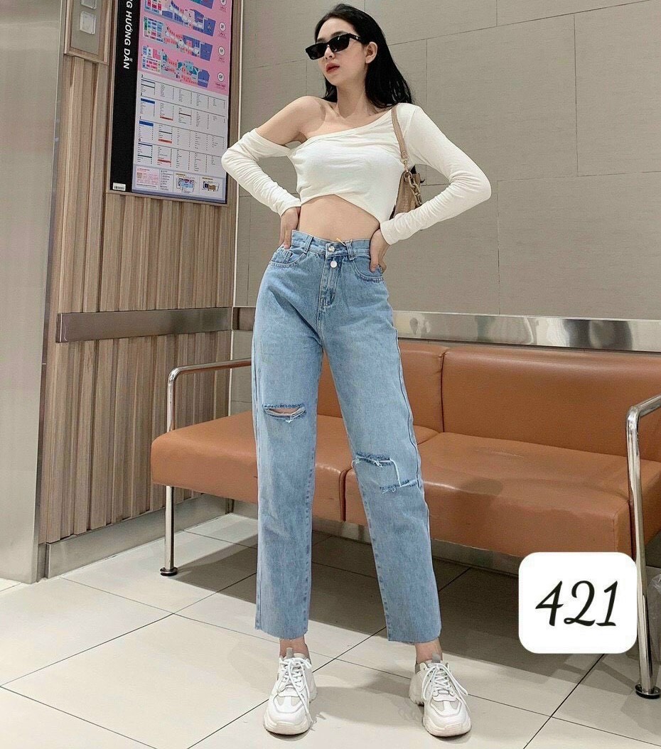 Quần baggy jean nữ ống đứng rách ngang gối xịn sò-jt