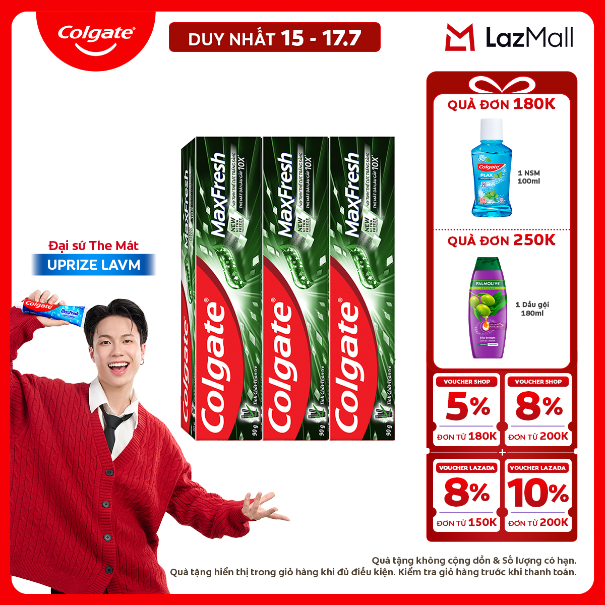 [Chỉ 15-17.7_X2 Voucher giảm đến 18%] Bộ 3 Kem đánh răng hơi thở thơm mát và làm trắng răng Colgate Maxfresh Bamboo Charcoal 90g