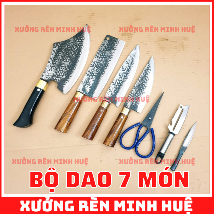 Bộ dao bếp chặt và thái thép nhíp ô tô hàng rèn thủ công cao cấp
