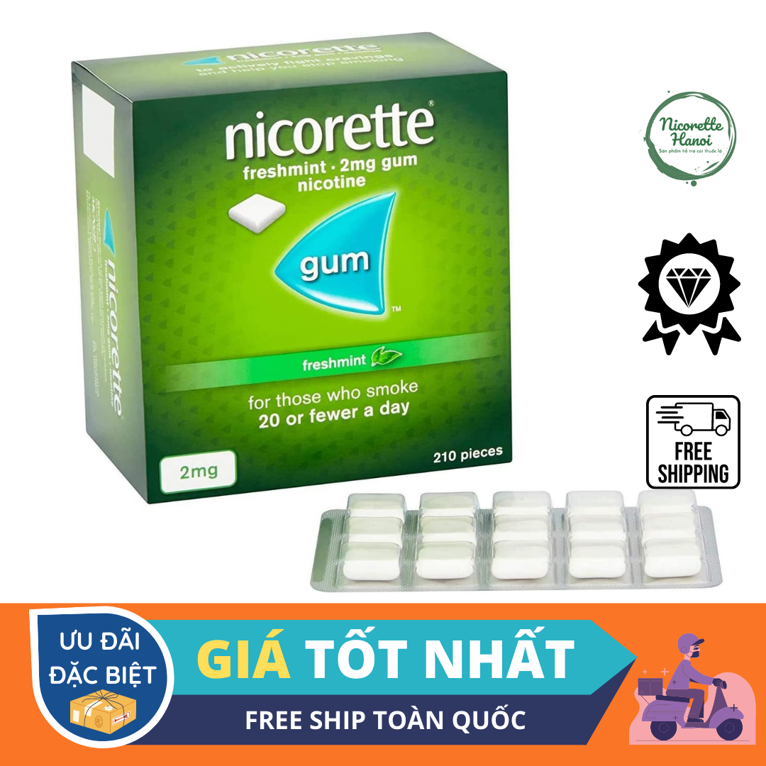 Kẹo gum Nicorette 2mg-210v cai thuốc_lá hiệu quả-Nicorette gum 2 mg Fresh Mint, Nicotine Gum, Fast C