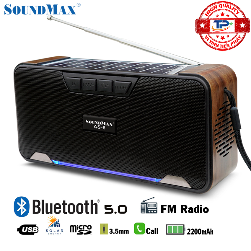 Loa Bluetooth SoundMax AS-6 tích hợp FM Radio Đọc thẻ USB, Micro SD, Sạc năng lượng mặt trời dùng cho PC, LATOP, ĐT, TV... đa năng AS6