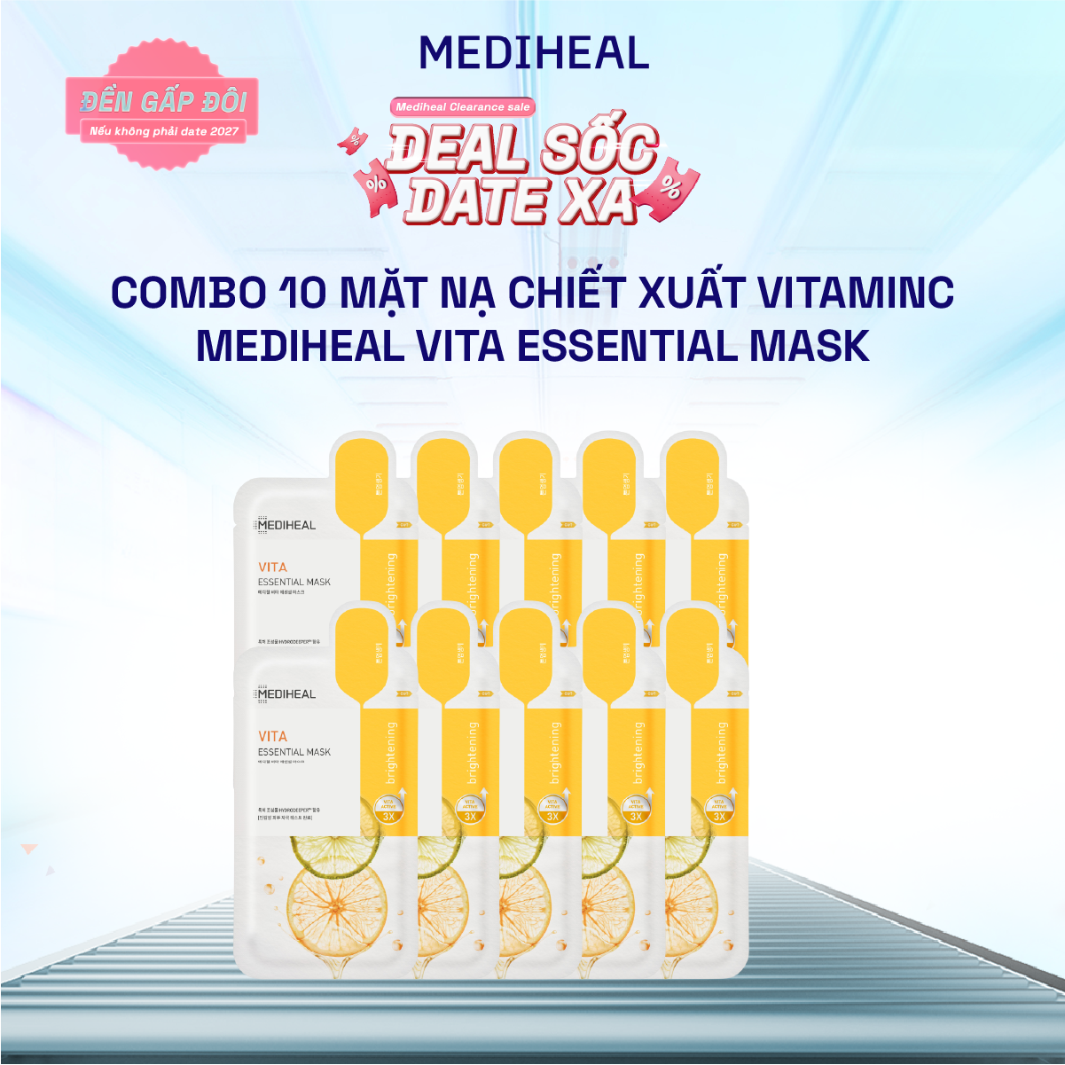 Combo 10 Miếng Mặt Nạ Vitamin C Dưỡng Trắng Da, Mờ Thâm Mediheal Vita Essential Mask 24ml