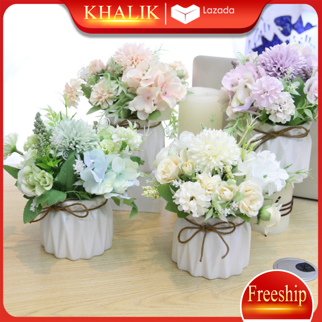 [FREESHIP] Hoa giả trang trí để bàn, chậu hoa giả Macaron, chậu bằng sứ đẹp KHALIK - HF004  (nhiều màu lựa chọn)