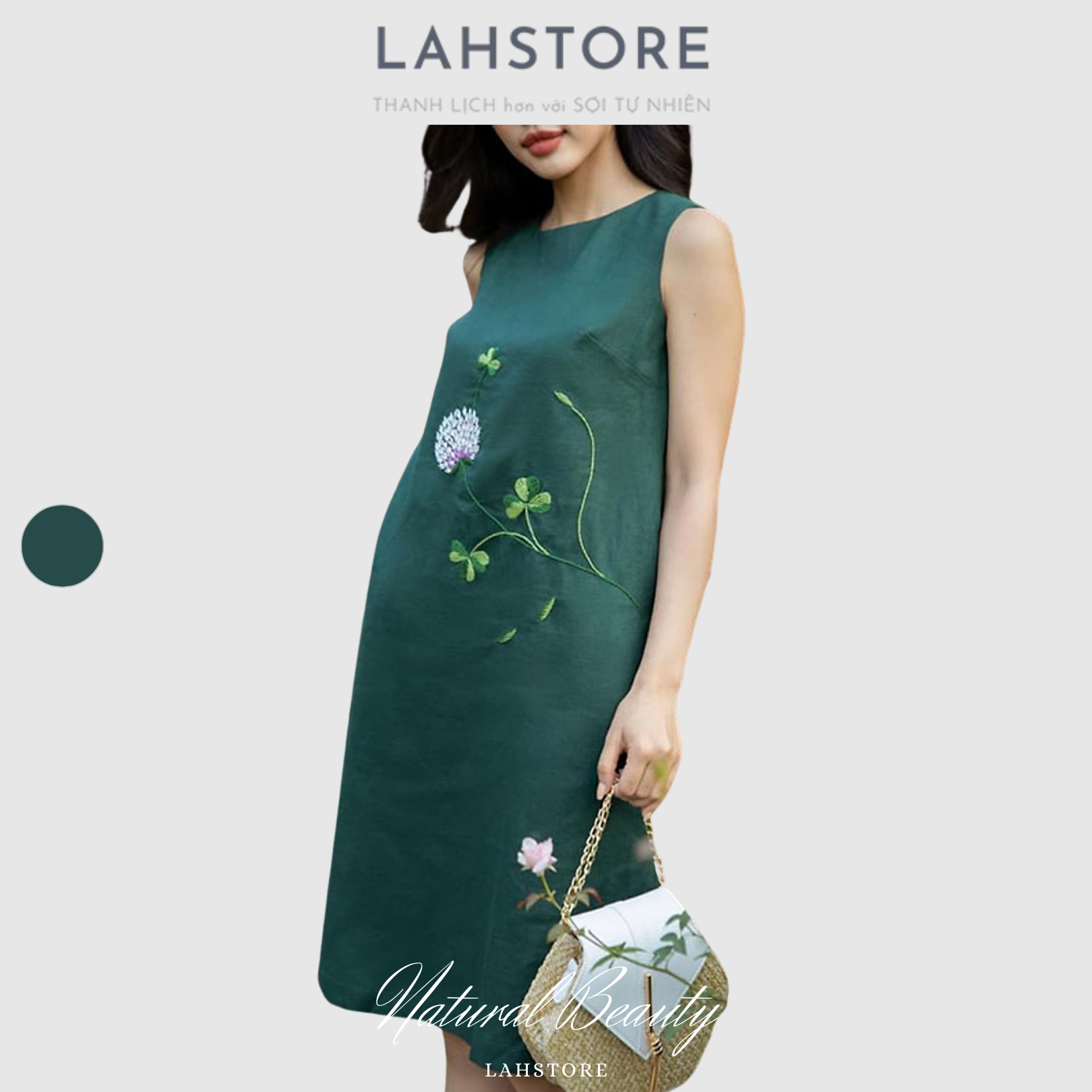 Đầm suông linen tưng thêu hoa LAHSTORE sát nách cổ tròn