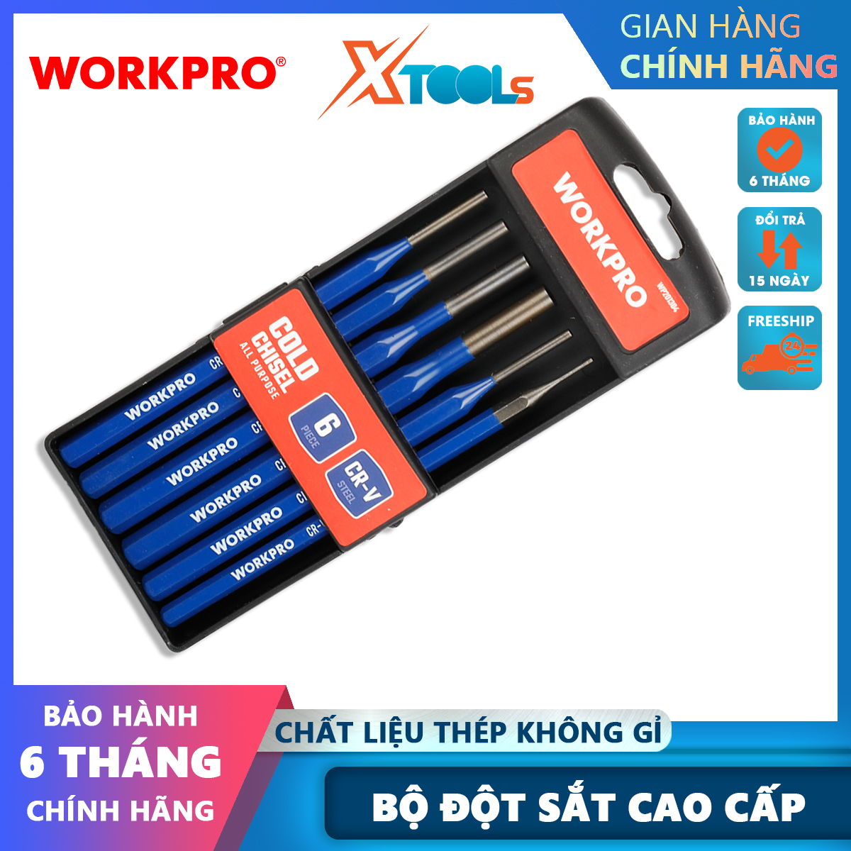 Bộ đột sắt 6 cái, kích thước 1.5x6x152, 3x8x152, 4x8x152, 5x5x152 ,6x10x152, 8x10x152 workpro - wp201304