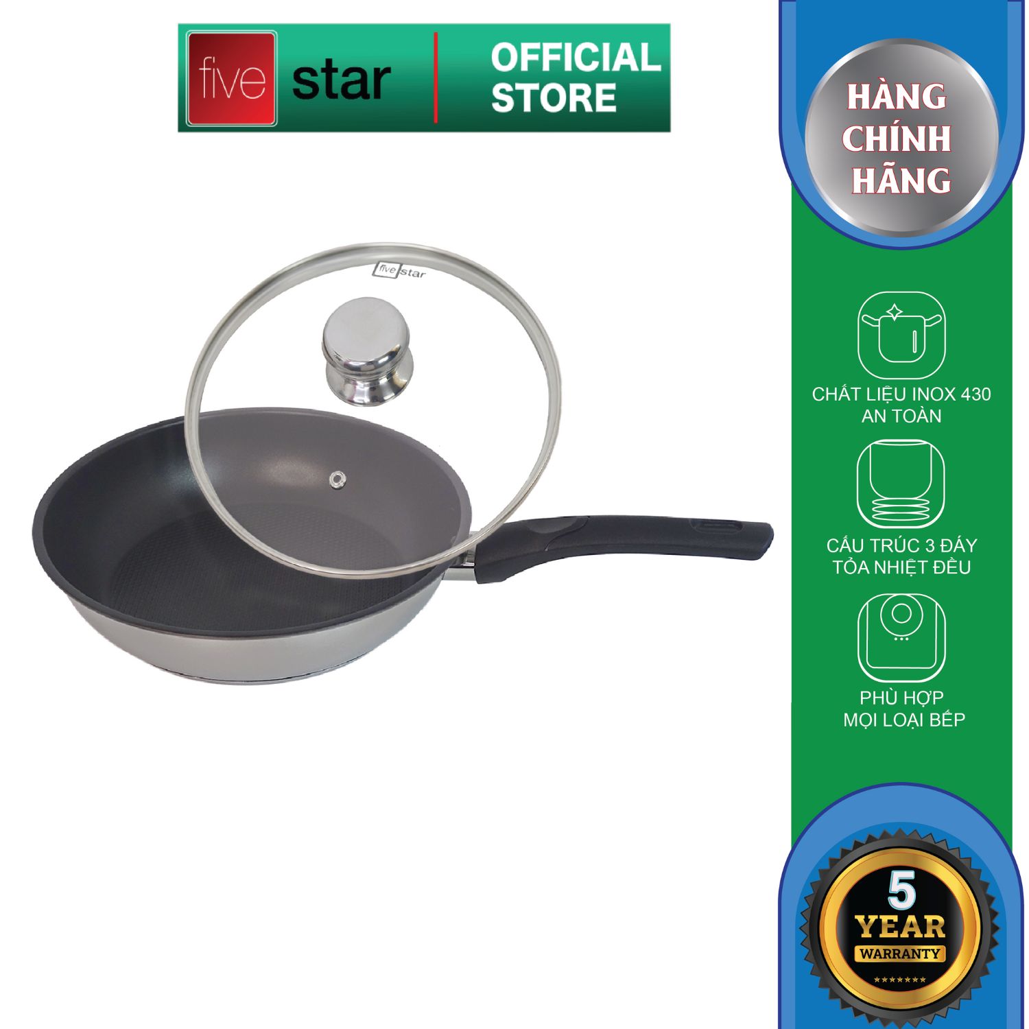 Chảo chống dính 3 đáy từ FIVESTAR có nắp kính 16cm , 20cm , 22cm ( tặng 5 muỗng ăn )
