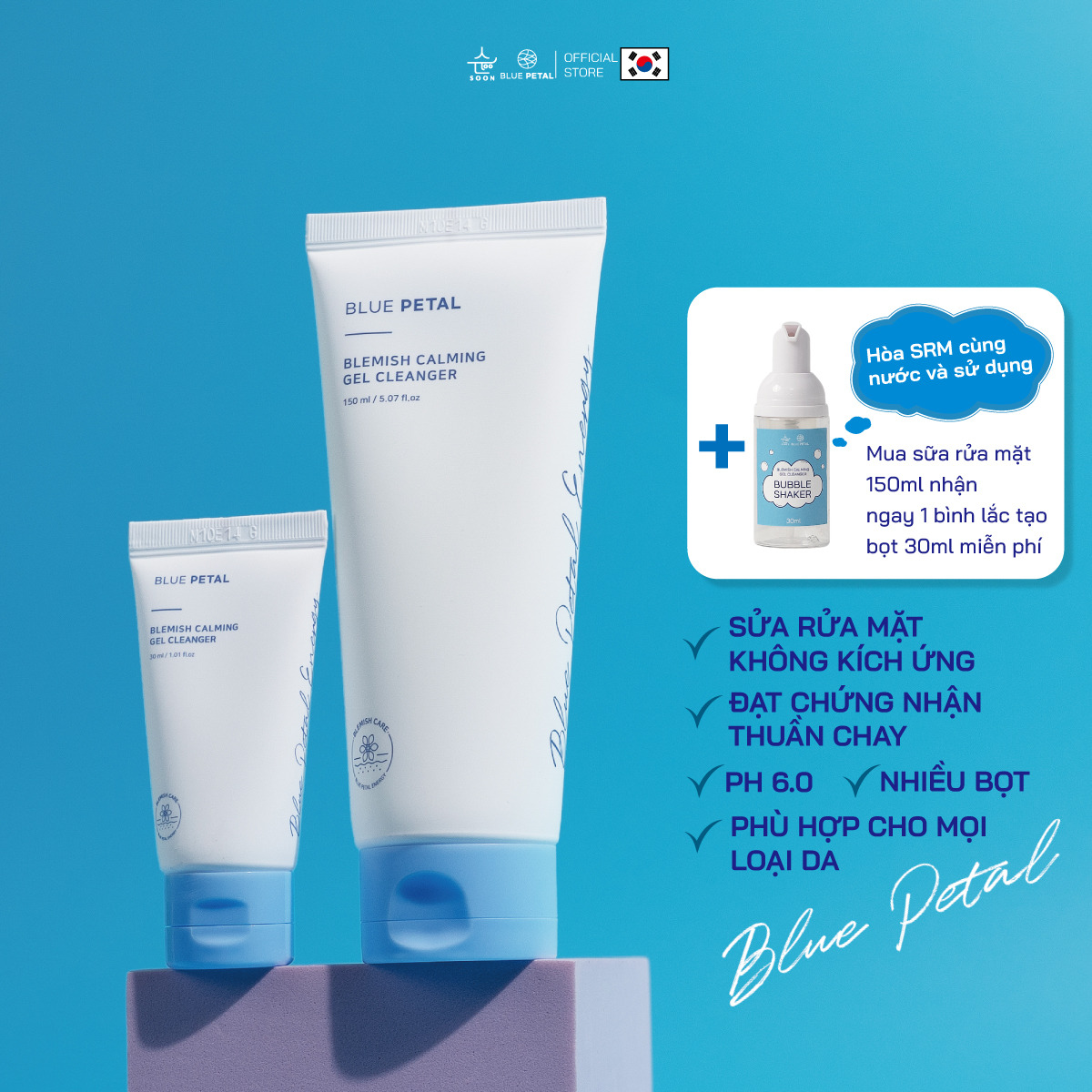 Sữa Rửa Mặt Làm Sạch Sâu Dịu Nhẹ Tạo Bọt Dạng Gel Cho Mọi Loại Da Blue Petal Blemish Calming Gel Cleanser (30ml/150ml)