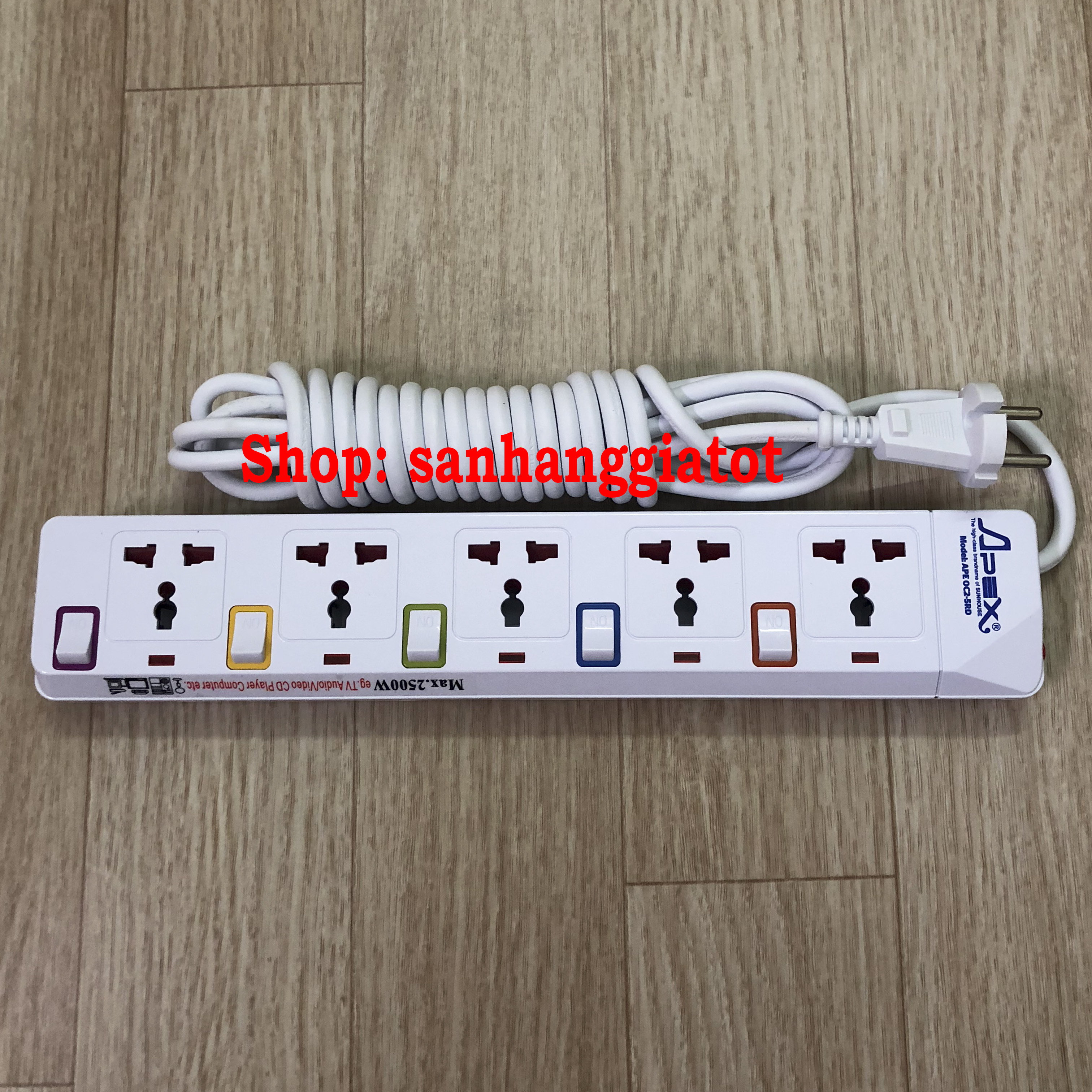 Ổ cắm điện Apex APE OC2-5RD 5 Lỗ, 5 công tắc, 2500W, dây dài 4.5m - Chính hãng Sunhouse