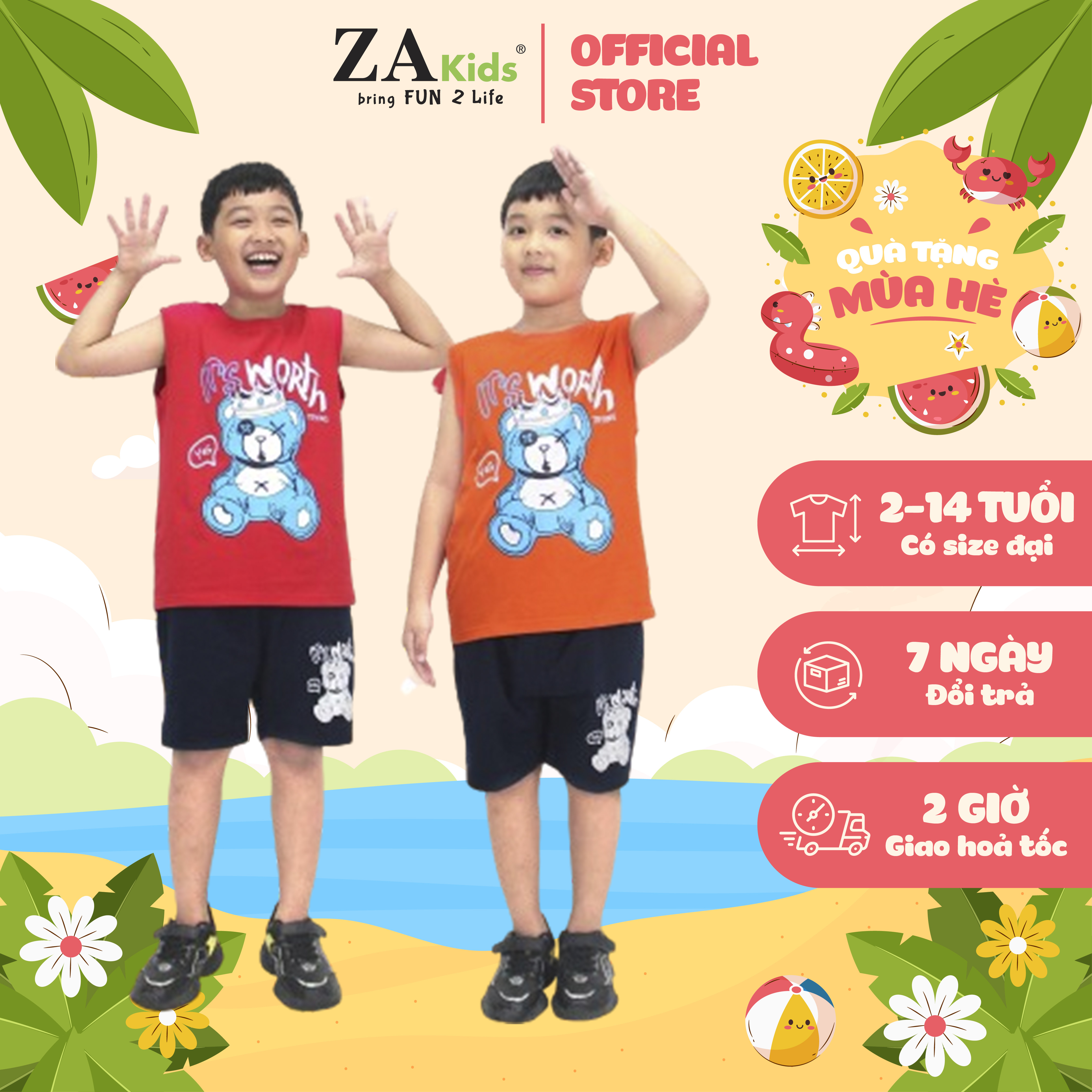  Bộ Quần Áo Thun Sát Nách Quần Đùi Bé Trai Thoáng Mát Cotton  2-10 tuổi  ZAkids ZAB2341 