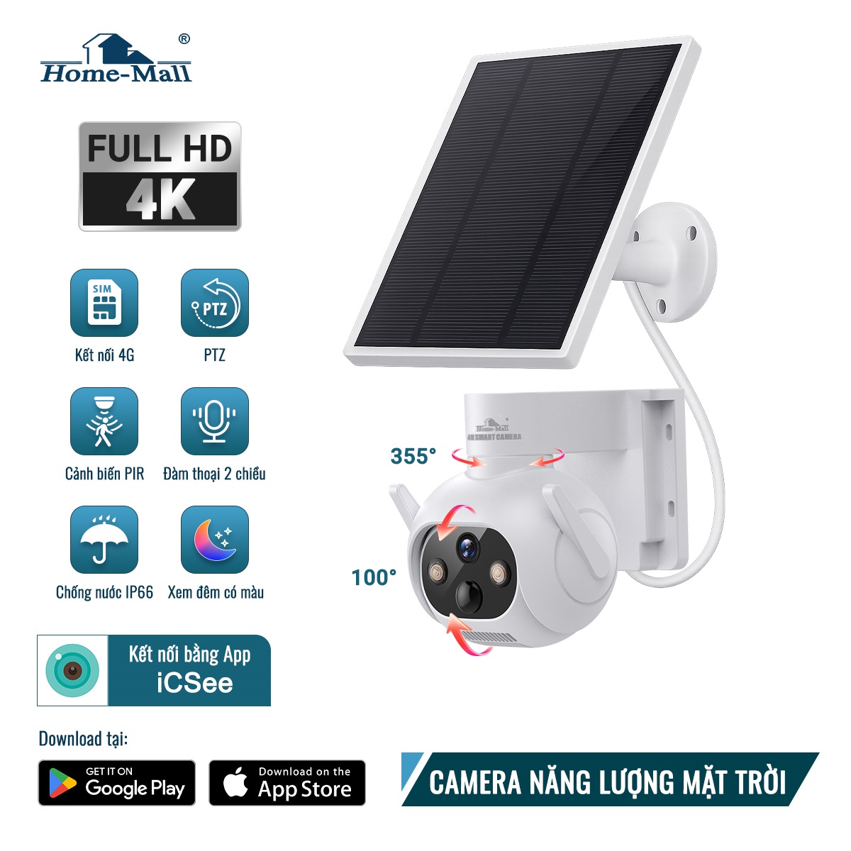 Camera năng lượng mặt trời chống nước SIM 4G, Kèm theo tấm pin chiếu sáng, lắp đặt ngoài trời không điện, không cần WiFi, đàm thoại 2 chiều