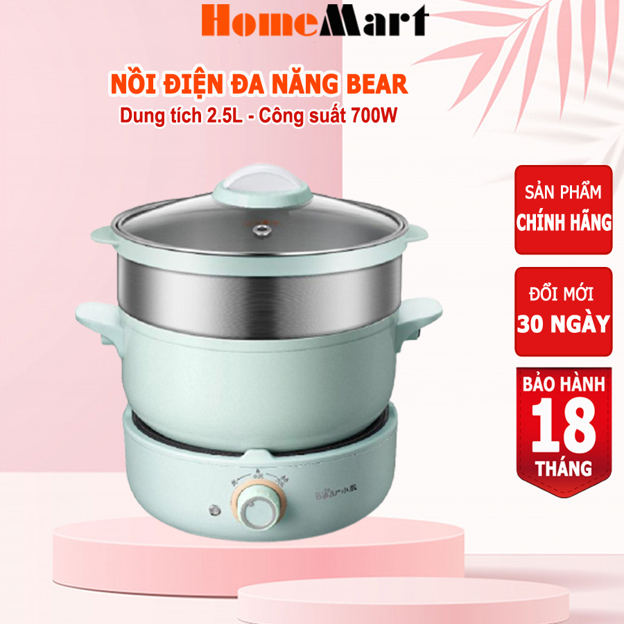 Nồi điện đa năng BEAR 2.5L chống dính, size 20cm, lồng hấp Inox, HOMEMART – Hàng chính hãng bảo hành 18 tháng