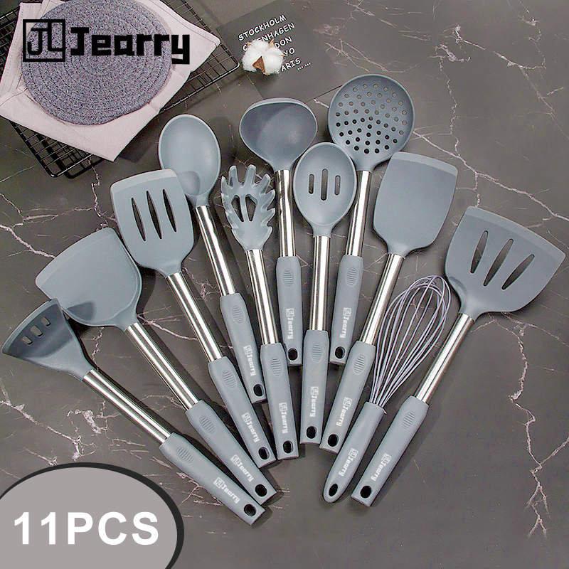 Jearry Stainless steel handle 11 piece set High temperature resistance Food grade Silicone kitchen utensils