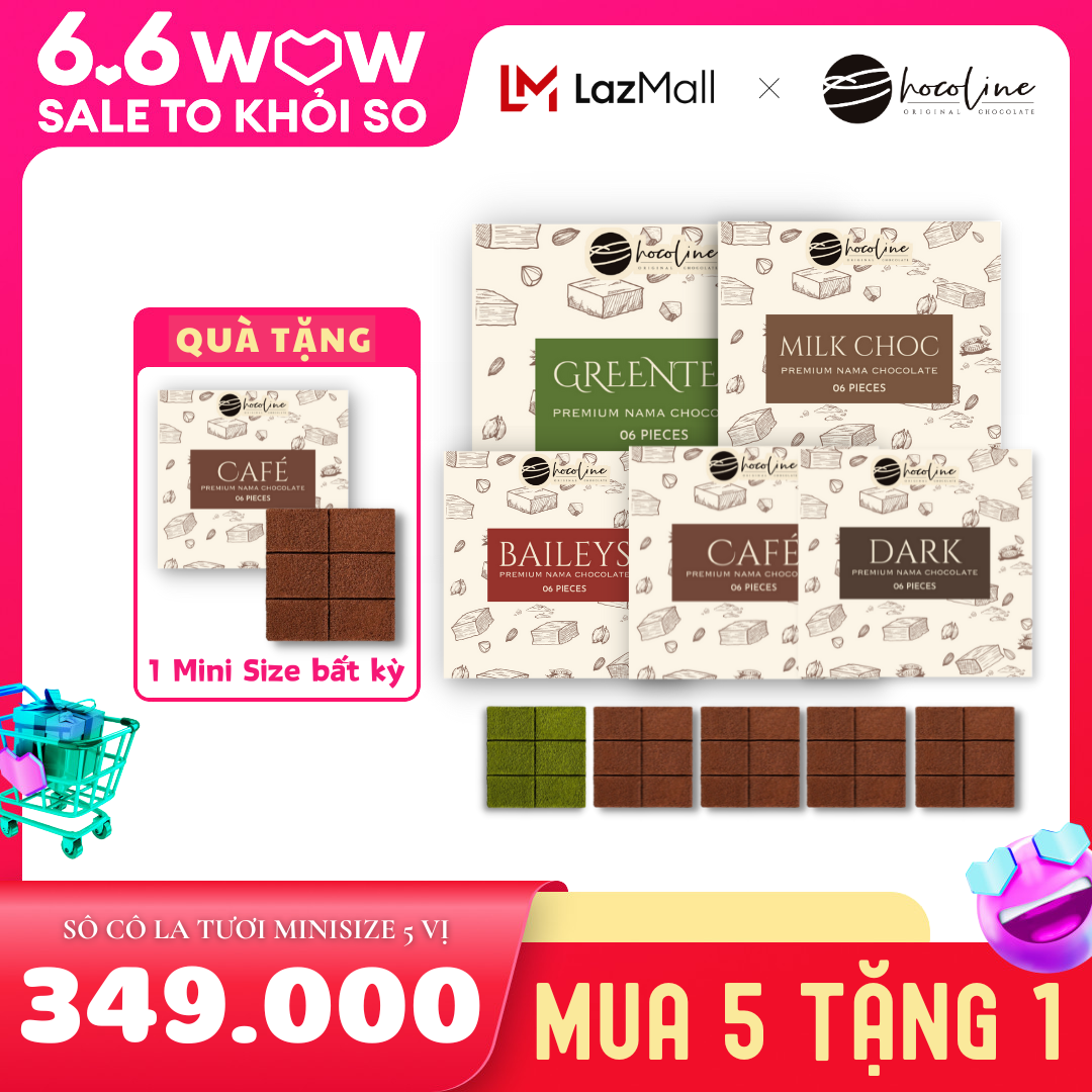 Combo 5 hộp 5 vị socola tươi nama nguyên chất chocolate vị sữa, vị matcha, vị cà phê, vị kem sữa baileys, vị đắng dark - 30 viên - chocoline