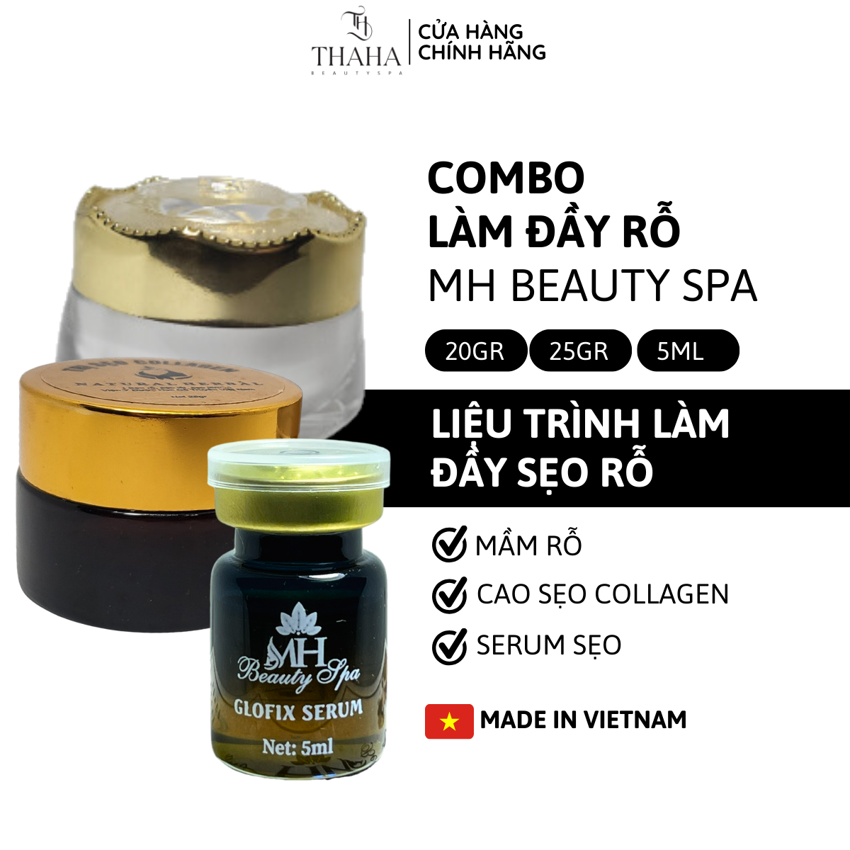 Combo làm đầy sẹo rỗ, Cao liền sẹo collagen MH Beauty Spa, Mầm rỗ MH Beauty Spa, Serum phục hồi sẹo