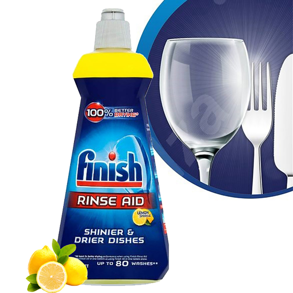 Nước làm bóng và khô chén, đĩa HƯƠNG CHANH, Finish Dishwasher Rinse & Shine Aid Lemon 400ml, sạch khuẩn thơm mát