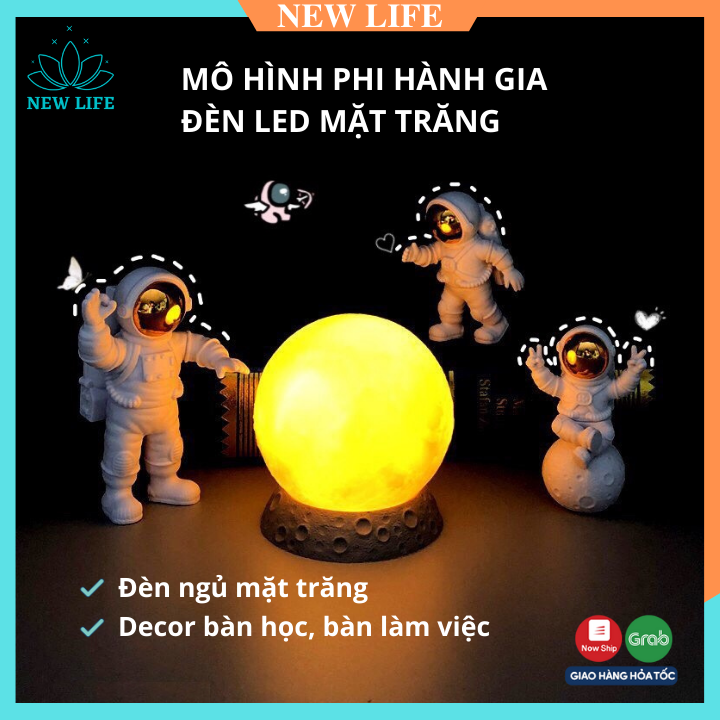 Mô hình phi hành gia để bàn + đèn led mặt trăng trang trí derco bàn học, bàn làm việc
