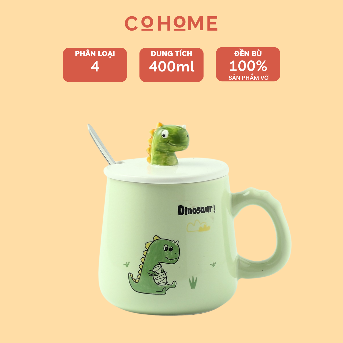Cốc uống nước dễ thương hình khủng long có nắp 400ml, ly sứ phù hợp làm decor, quà tặng