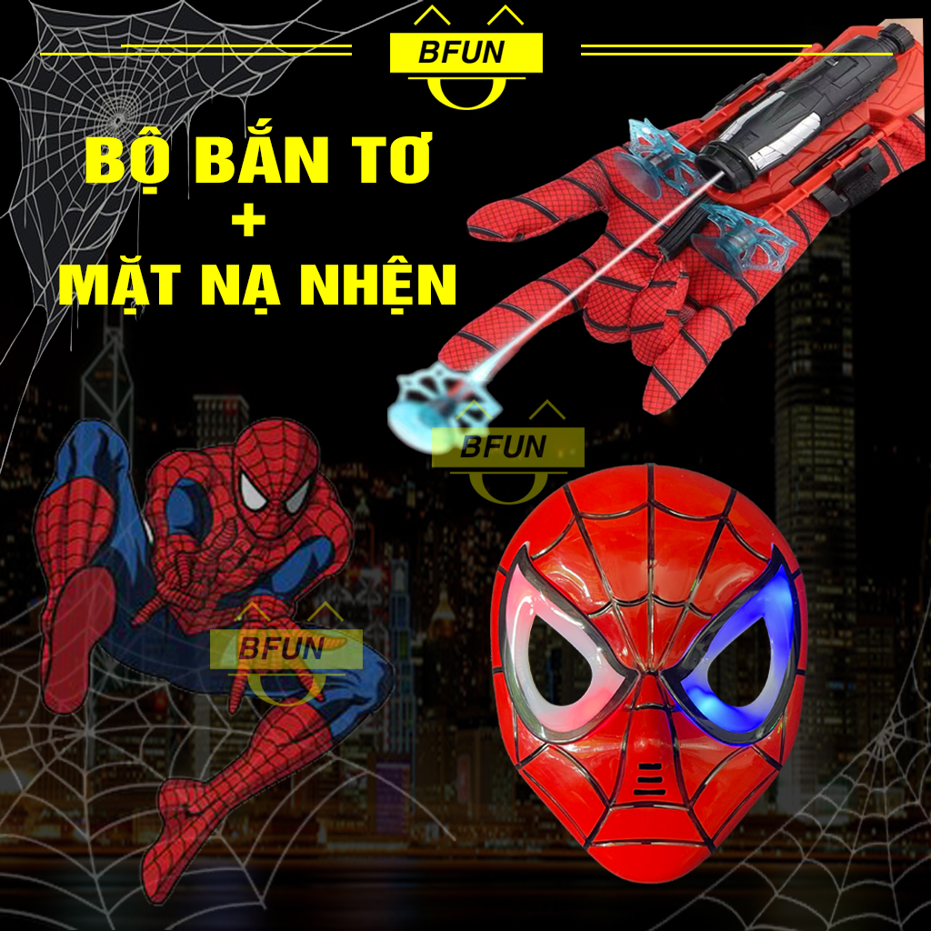 Bộ găng tay người nhện bắn tơ spiderman + mặt nạ người nhện có nhạc, có đèn - bộ đồ chơi người nhện cho bé trai bfun