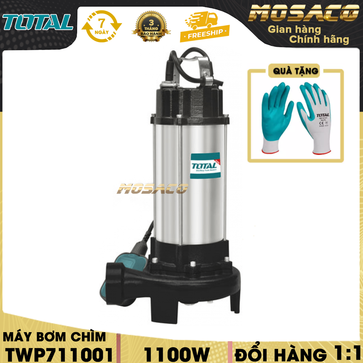 Máy bơm chìm nước thải TWP711001 kèm công tắc phao. Thiết bị bơm lọc nước thải, điện áp 220-240V, 50Hz, công suất 1100W, chiều cao bơm tối đa 15M, motor dây đồng, dây điện dài 9M - MOSACO