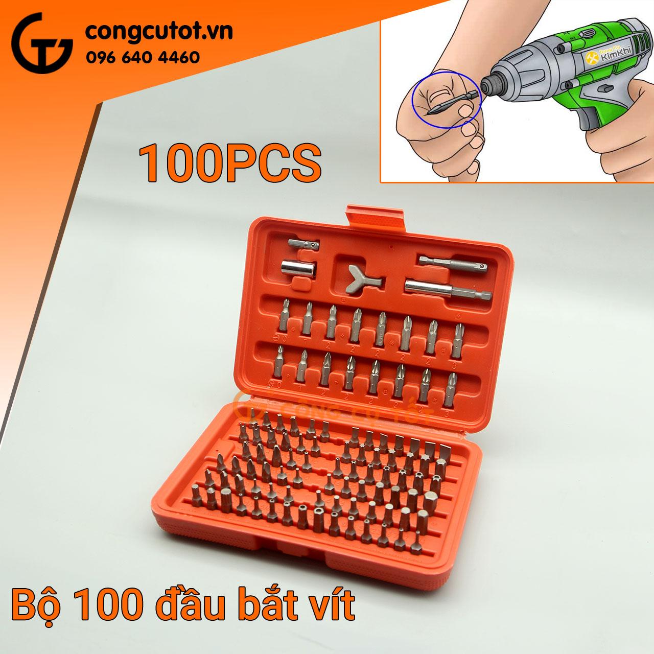 Bộ 100 đầu bắt vít nhỏ gọn,được sắp xếp theo hàng lối và được đánh số rõ ràng 100 chi tiết chuôi lục giác phù hợp với hầu hết các loại máy bắn vít,máy khoan