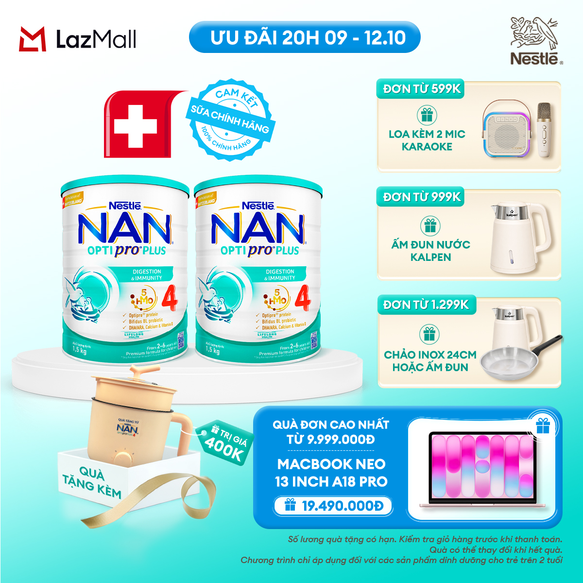 [CHỈ 20h 9-12.10 QT ĐƠN 599K/999K/1299K] [Tặng Nồi lẩu điện] Bộ 2 lon Sữa bột Nestlé NAN OPTIPRO PLUS 4 1500g/lon với 5HMO Giúp tiêu hóa tốt cho bé từ 2 - 6 tuổi Sữa công thức dinh dưỡng cho trẻ giúp hỗ trợ tiêu hóa, đề kháng, trí não và phát triển toàn