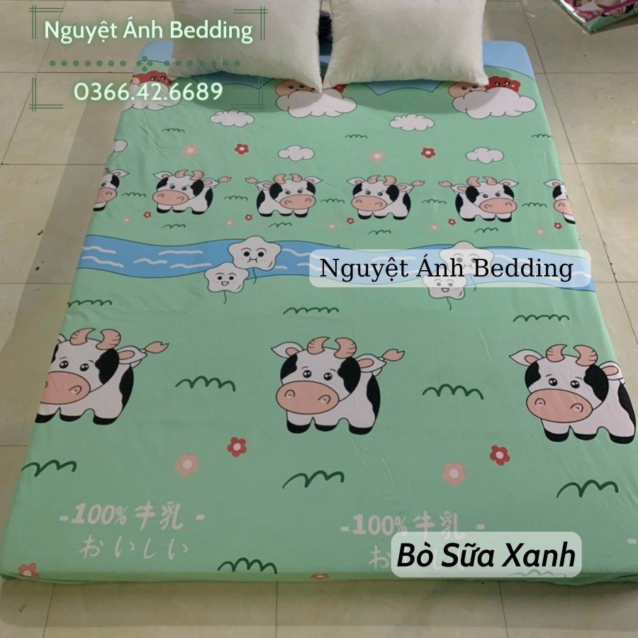 (Siêu đẹp) Ga chống thấm cotton hoạ tiết mẫu Bò Sữa Xanh2 , Drap chống nước bảo vệ đệm size 1m2 - 1m6- 1m8- 2m2