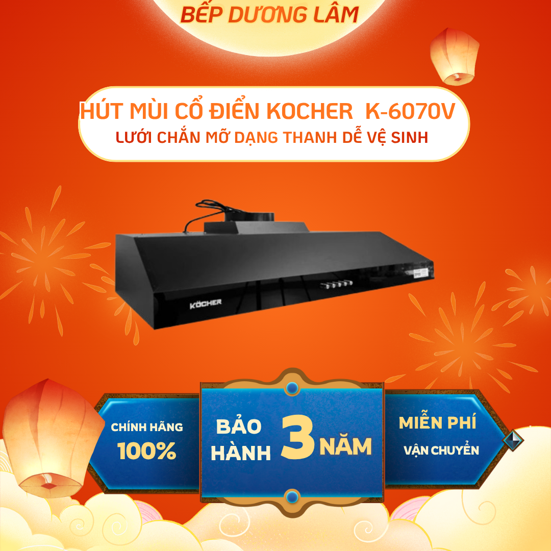 Hút mùi cổ điển Kocher K-6070V | Hút mùi nhà bếp | Điều khiển phím cơ bền bỉ | Bảo hành 3 năm