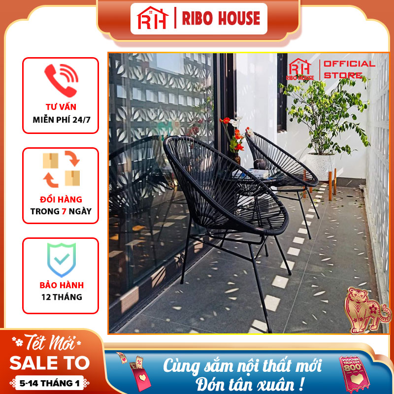 Bộ bàn ghế ban công giả mây RIBO HOUSE gồm bàn kính và 2 ghế ban công sân vườn uống cafe chè màu đen RIBO43x1