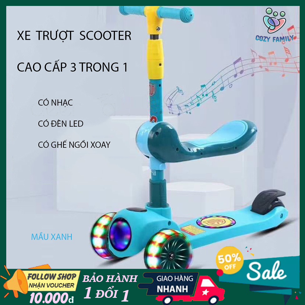 Xe trượt Scooter cao cấp, xe có ghế ngồi, nhạc và đèn led, món quà đặc biệt giành tặng bé giúp bé chơi, vận động thoả thích mỗi ngày