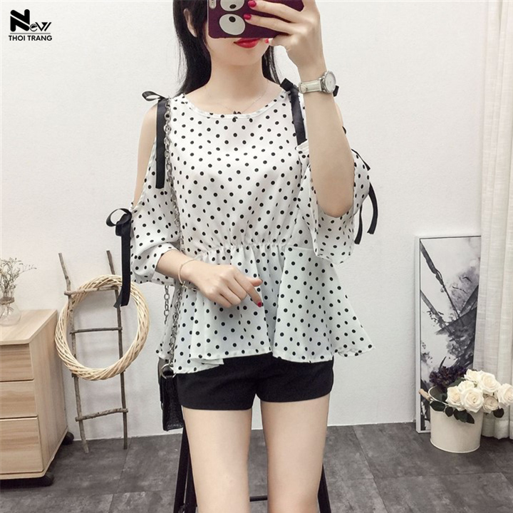 [HCM]Áo Kiểu Chấm Bi Hở Vai - NTT