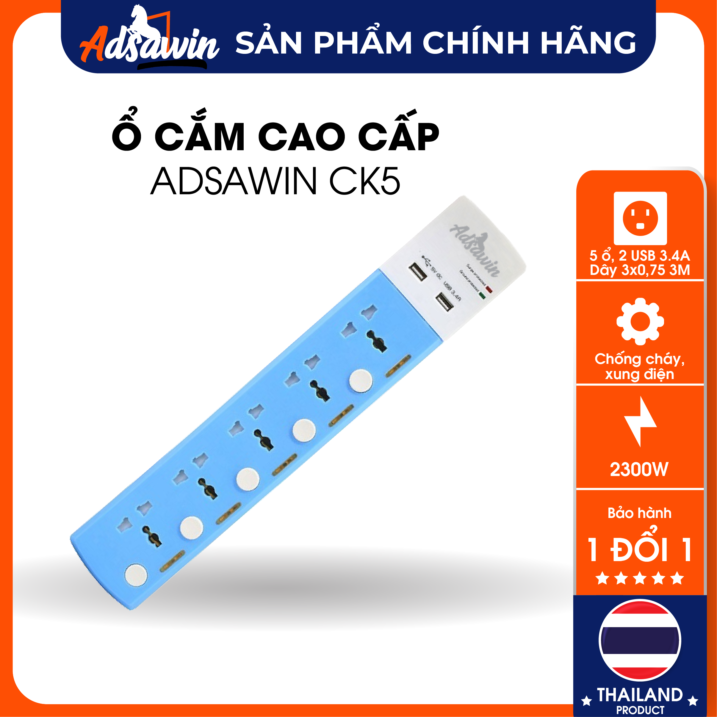 Ổ Cắm Cao Cấp Chống Sét,Chống Xung Điện,Lọc Nhiễu,USB Sạc Nhanh 3.4A, 525J Toshino Adsawin CK5 ThaiLand