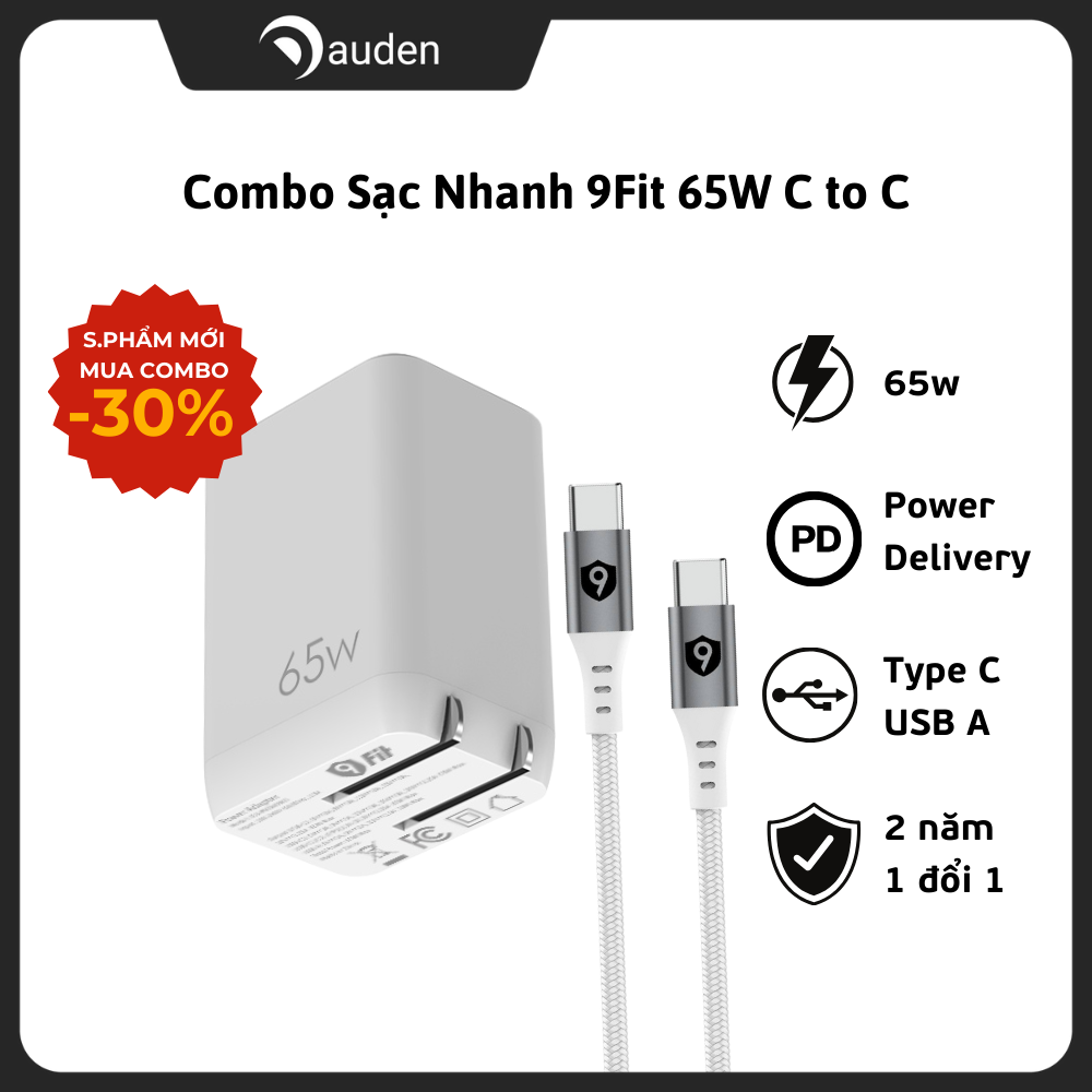 Combo sạc nhanh 65w 9fit củ sạc 65w 3 cổng 1 usb - a 2 type c kèm dây cáp c to c 1m chuẩn sạc nhanh hàng chính hãng bảo hành 2 năm