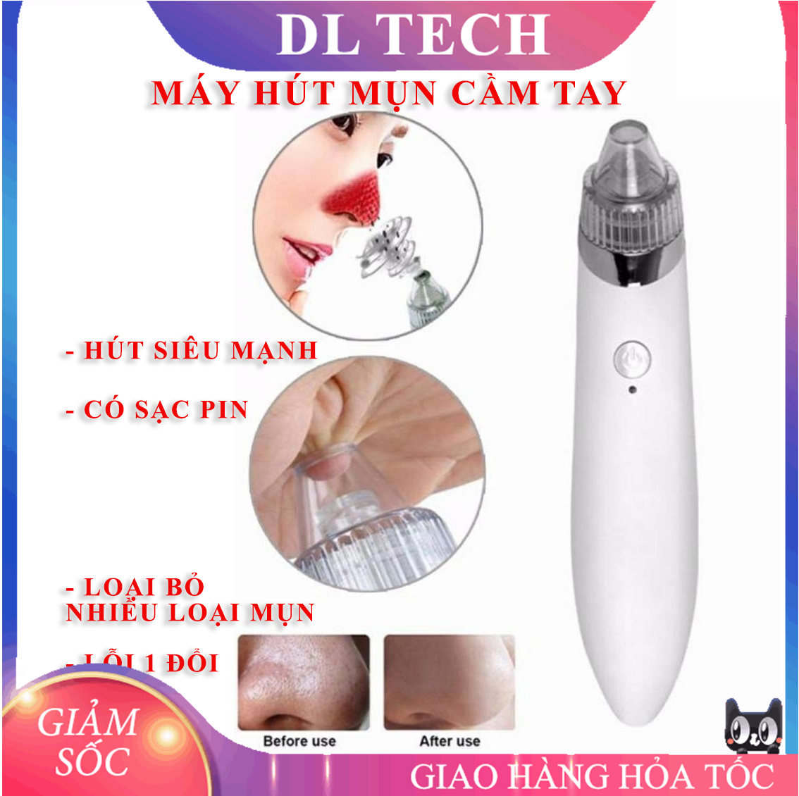 Máy hút mụn cầm tay cao cấp 5 lực hút pin sạc tặng nhiều đầu hút mã 8001 dl tech