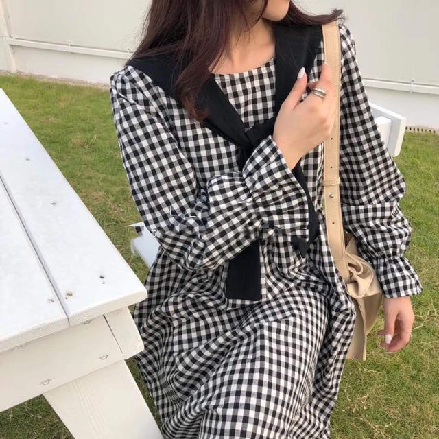 [HCM]Váy Kẻ Caro Kèm Khăn Nơ ulzzang Hàn Quốc (Đen và Đỏ)