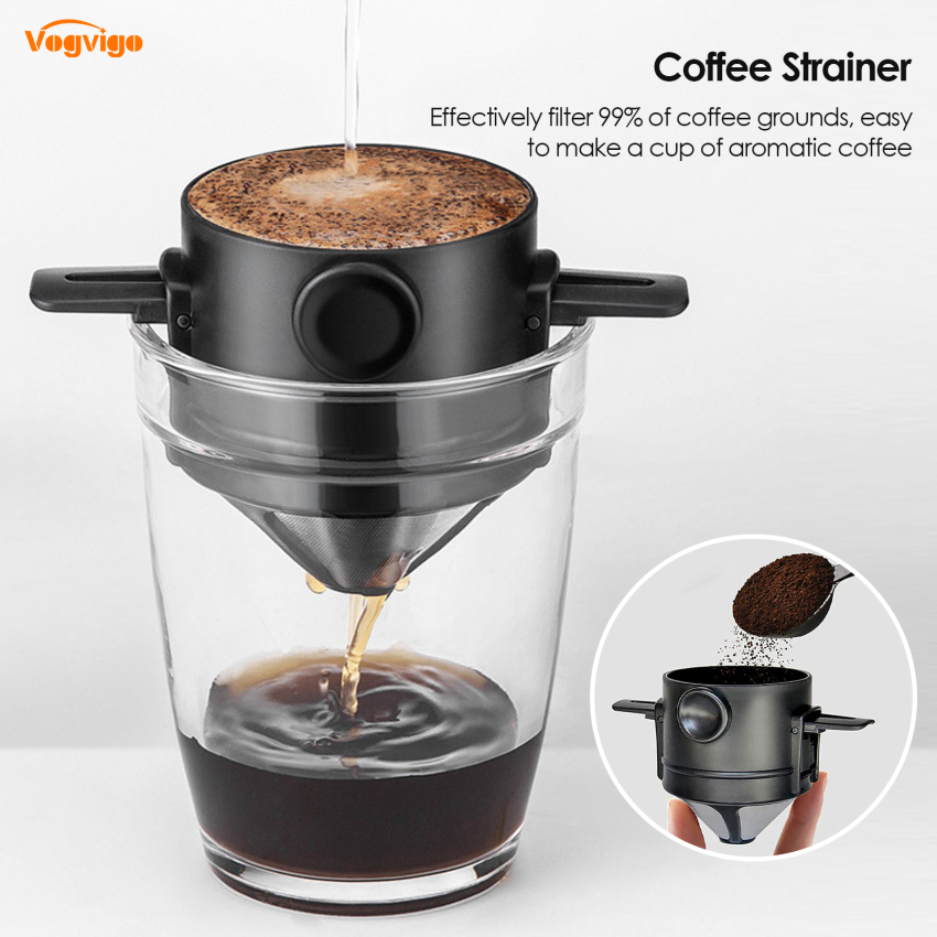 Bộ lọc cà phê bằng thép không gỉ hai lớp dụng cụ nhỏ giọt cà phê hình nón đế rộng có thể tái sử dụng, dễ dàng pha cà phê ở mọi nơi, phù hợp với hầu hết các cốc