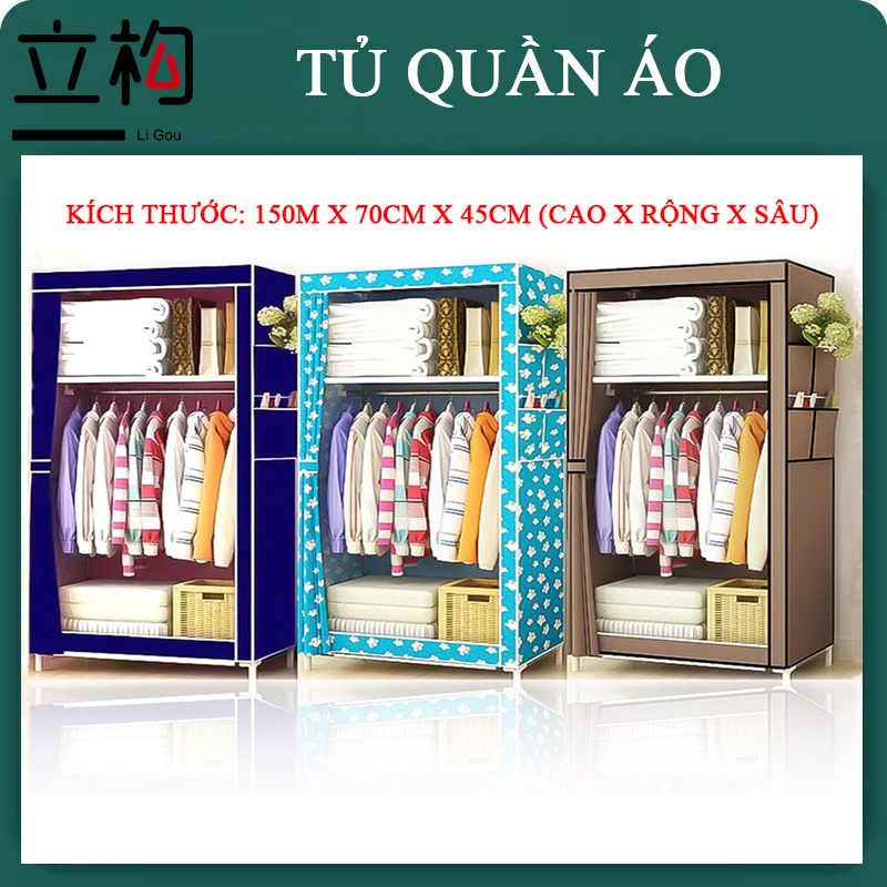 Tủ quần áo vải Tủ quần áo không dệt khung inox cao cấp tủ treo 3D Khung Thép 2 Buồng