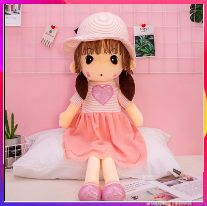 Búp bê  - gấu bông tình yêu mũ kẻ hồng cho bé gái size 45cm