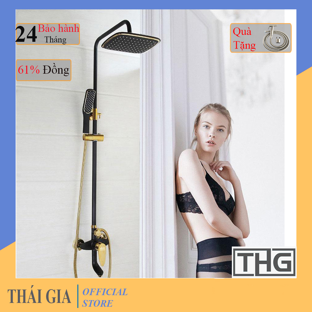 Bộ sen vòi tắm đứng nóng lạnh cao cấp Vuông xoay 360 độ 3 vòi - Lắp đặt dễ dàng kèm theo sơ đồ. Bảo hành 02 năm.( Đen vàng ) sơn tĩnh điện - Tặng xịt bồn cầu