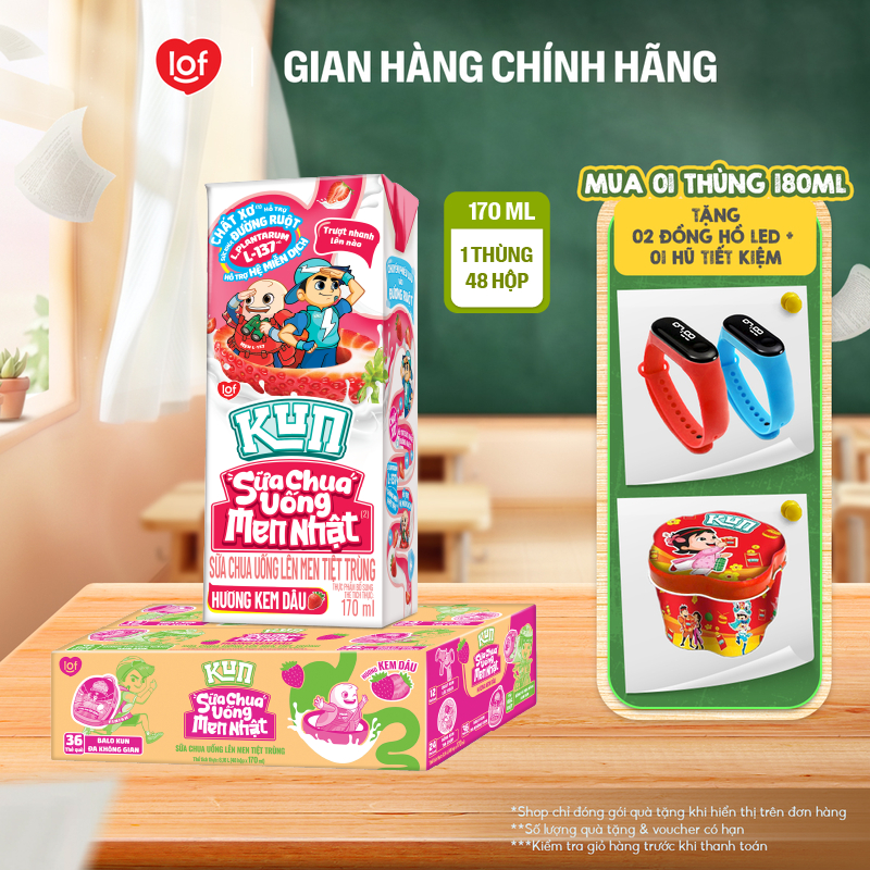 Sữa chua uống KUN vị kem dâu thùng 48 hộp x 170ml