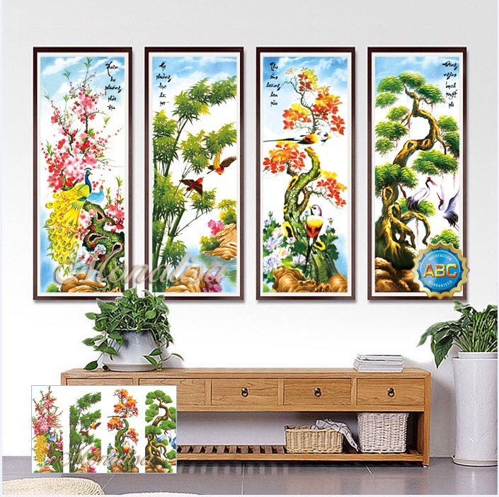 Tranh thêu chữ thập tứ quý tùng cúc trúc mai Xuân Hạ Thu Đông