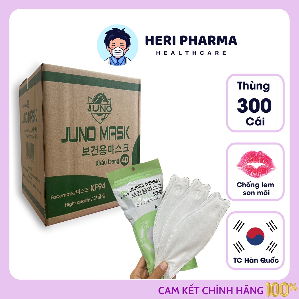 Khẩu trang KF94 Thùng 300 Chiếc JUNO Mask 4D, 4 lớp kháng khuẩn cao cấp, chống bụi mịn an toàn chính hãng chuẩn Hàn Quốc
