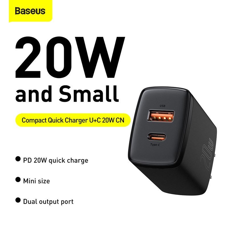 Củ Sạc Nhanh 2 cổng 20W Baseus CCXJ Cổng USB + C , Siêu nhỏ sạc nhanh 2 thiết bị cùng 1 lúc.