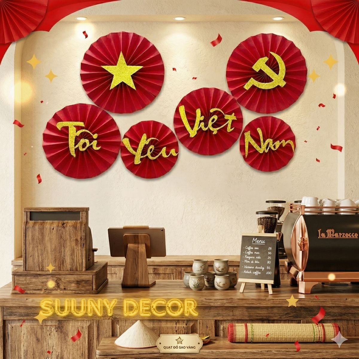 Set 6 Quạt Giấy Trang Trí Cờ Đỏ Sao Vàng Decor Quán Cafe Nhà Hàng Lớp Học Dịp 30/4 2/9 Yêu Nước Sao Vàng Kim Tuyến