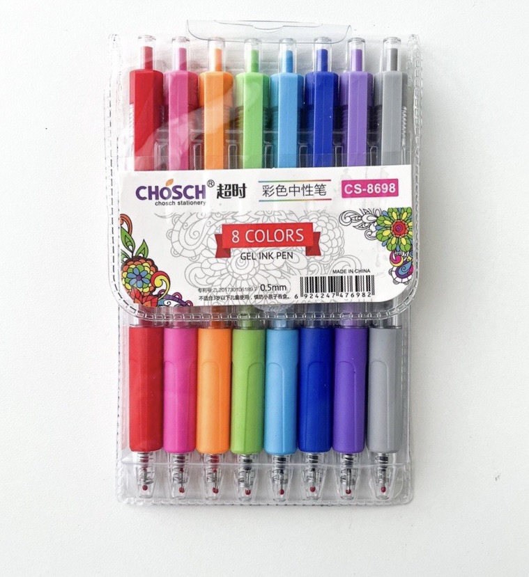 Vỉ 8 cây bút viết gel nước bấm chosch cs-8698 / cs8698 ngòi 0.5mm nhiều màu