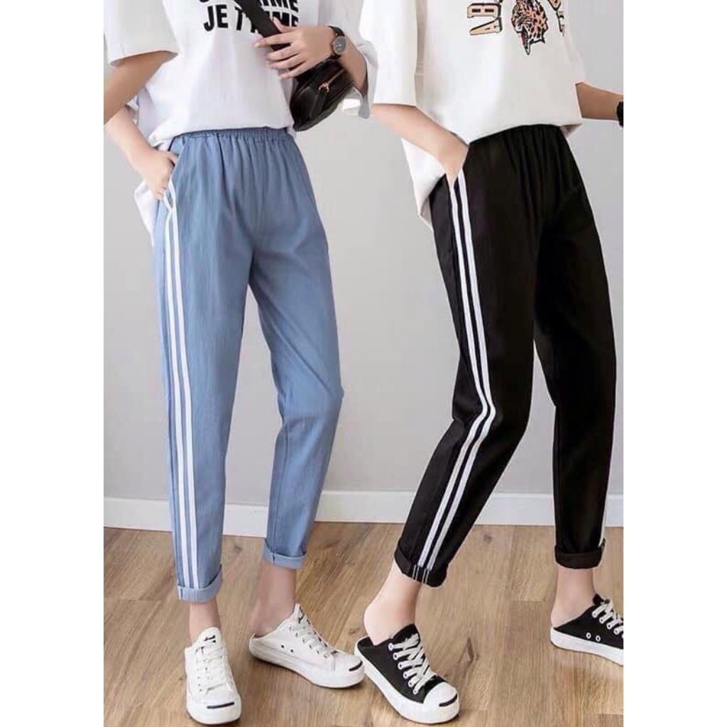 Quần baggy nữ cạp cao chất bò đũi phối viền sọc