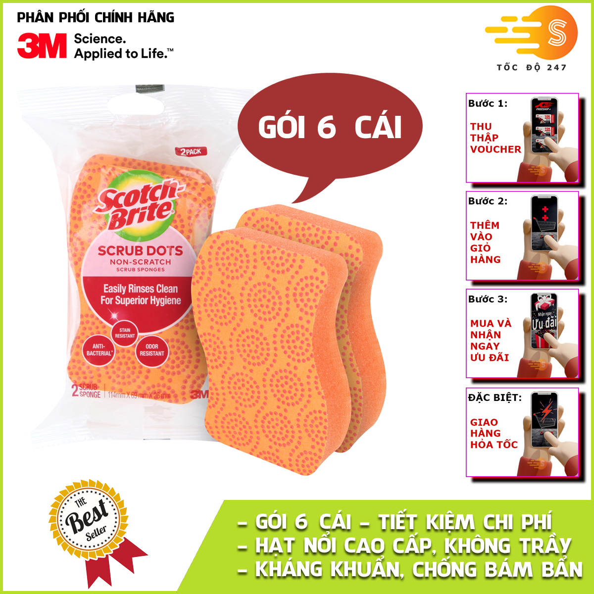 Miếng rửa chén hạt nổi siêu sạch không trầy xước Scotch-Brite 3M CR-HNKT - Tốc Độ 247 - Hiện đại, siêu sạch, không gây trầy xước