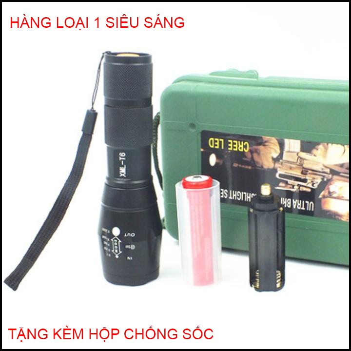 den pin sieu sang- Đèn pin siêu sáng mini- Đèn pin siêu sáng A100 XML-T6 kèm hộp  chống sốc cực sịn (màu đen)