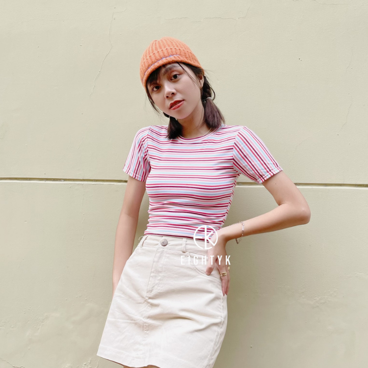 Áo Croptop Tay Ngắn Sọc Hồng Baby