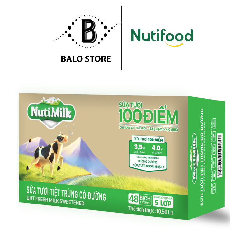 Thùng 48 bịch nutimilk sữa tươi 100 điểm - sữa tươi tiệt trùng có đường bịch 220ml tu.stcdb220la - thương hiệu nutifood - balo store